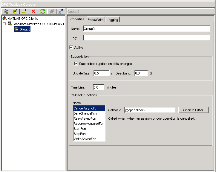 Toolbox object showing group properties