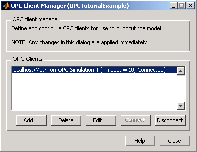 OPC client manager with client selected