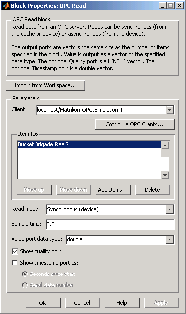 OPC Read block parameter dialog