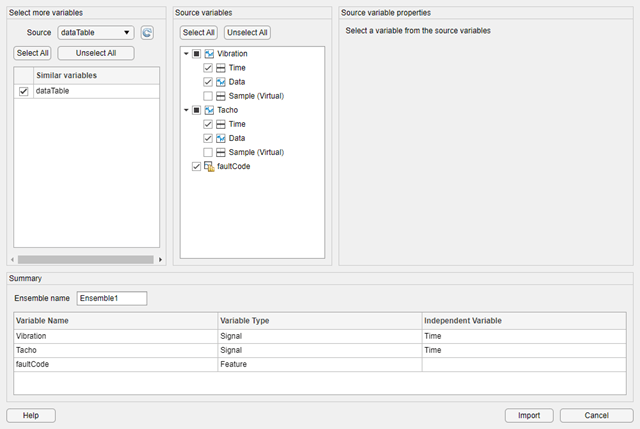 New session dialog. Source selection of "dataTable" is on the left. Source variables are in the middle. Source variable properties is empty.