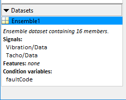 The Datasets area displays the number of members in the dataset, the signals, the features, and the condition variables.