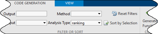 Code Generation tab in Diagnostic Feature Designer with Analysis Type filter set to the ranking option