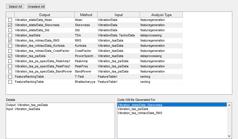 Window in Diagnostic Feature Designer for selecting code generation outputs