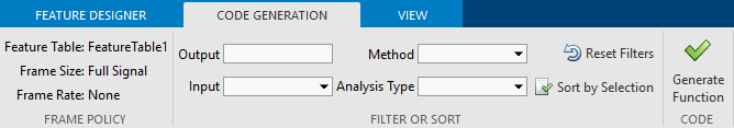 Code Generation tab in Diagnostic Feature Designer for selecting filtering options