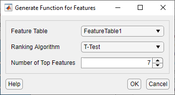 Generate Function for Features dialog box that lets you specify the Feature Table name, the ranking algorithm, and the number of top features.