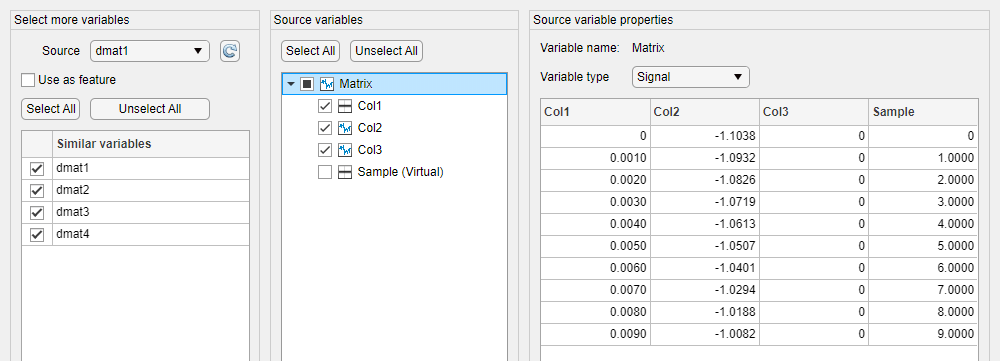 On the left is a list of the matrices to import. In the middle are the variables for each matrix, with the names "Col1", "Col2", and "Col3". On the right are the source variable properties, which include the variable type "Signal" and a preview of the matrix contents.