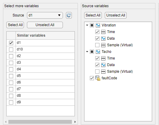 On the left is a list of variables that have similar format to selected variable "d1". On the right is the list of the variables—Vibration, Tacho, and faultCode—within d1.
