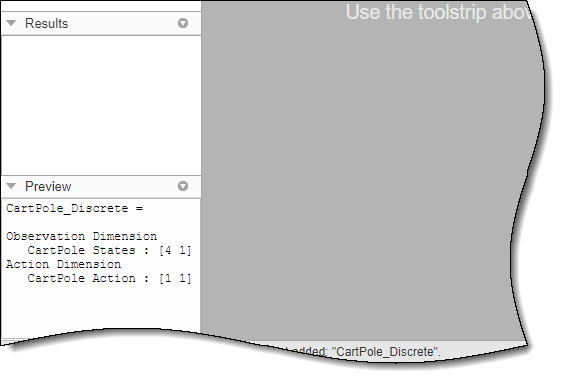 The Preview pane shows the dimensions of the state and action spaces being [4 1] and [1 1], respectively