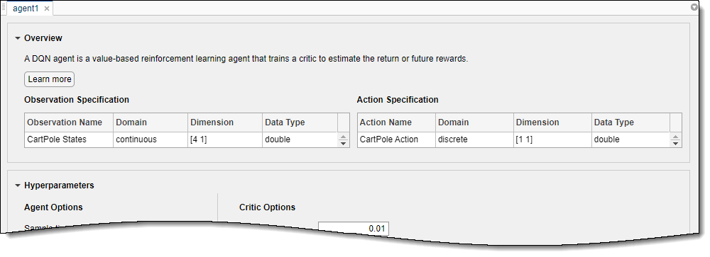 Reinforcement Learning Designer with the agent window open, showing the overview section