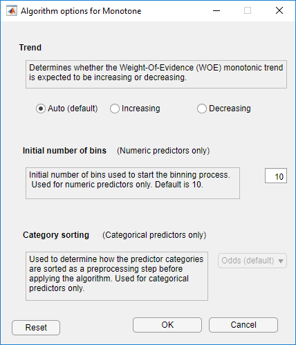 Select options using Algorithm Options dialog box