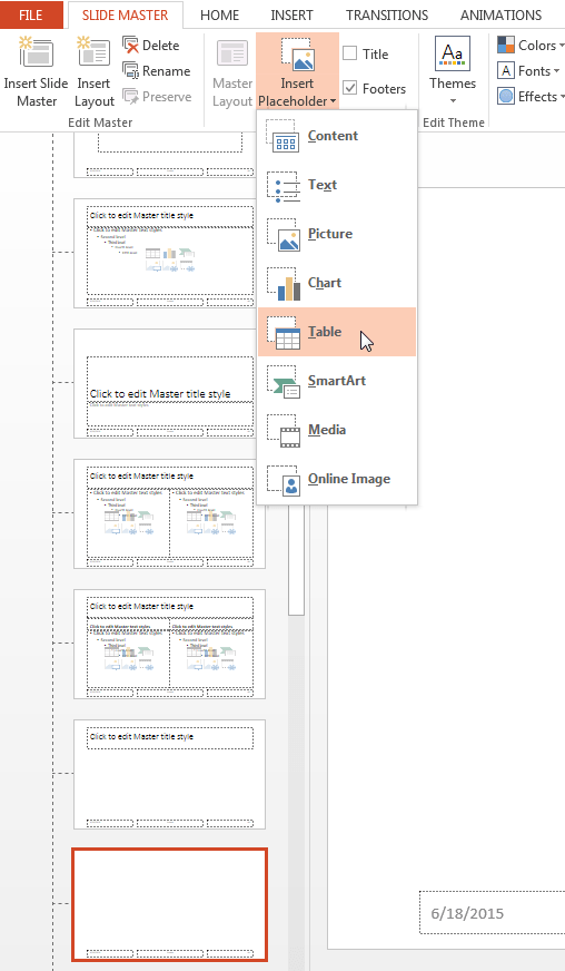 Slide Master view with Insert Placeholder > Table selected