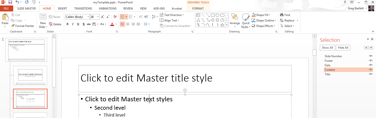 Slide master view with the Title and Content layout selected in the slide layout pane and Content selected in the Selection pane.