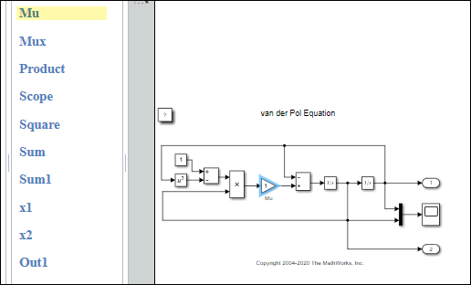 The Mu block is highlighted in blue in the vdp diagram. In the document pane, Mu is highlighted in yellow.