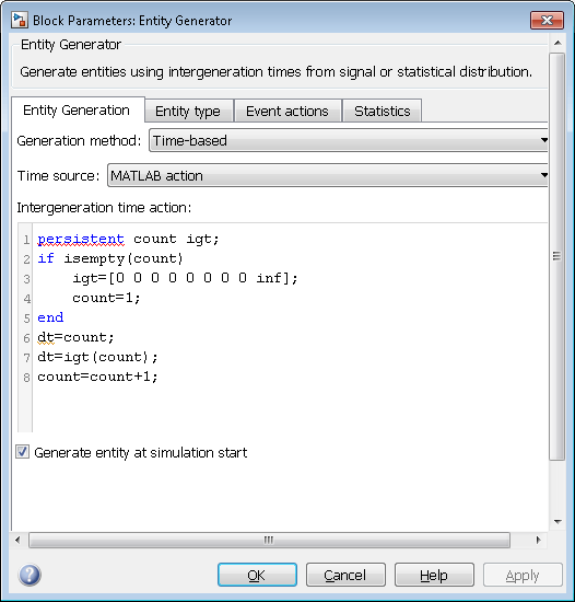 Entity Generator block window. MATLAB code in the Intergeneration time action field generates eight entities.