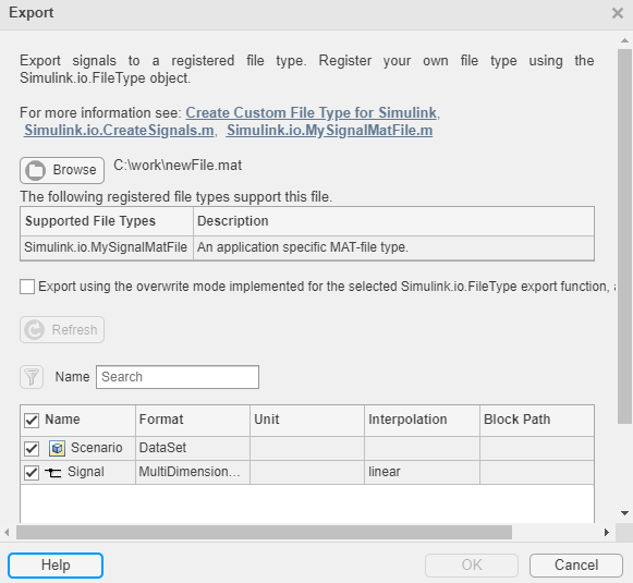 Dialog to export signals to custom registered file types.