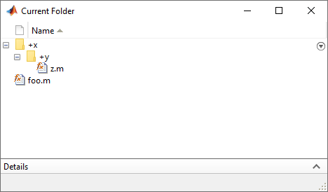 Image of current folder showing the files z.m and foo.m with respect to the packages x and y.