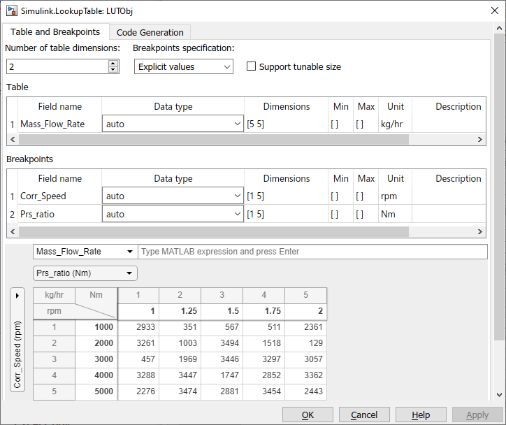 Lookup Table property dialog box with Unit and Field name entries and data