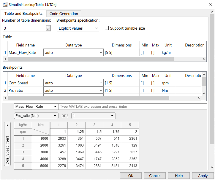 Lookup Table property dialog box with example entries and number of table dimensions set to 3