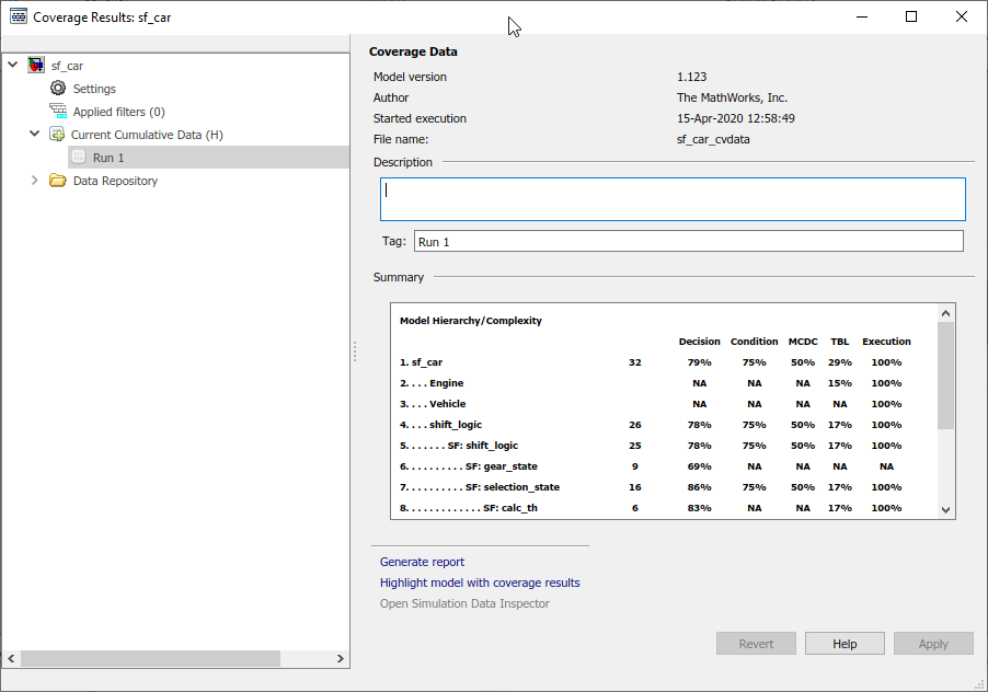 Default view of the Results Explorer. The system name is on the left, with sub-fields for settings, applied filters, current cumulative data, and data repository. The overview of the current run is on the right, including the model version, author, execution start time and date, coverage data file name, short description, and coverage summary.