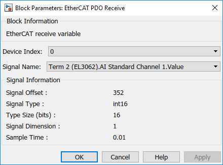 Image of EtherCAT PDO Receive block parameters dialog box