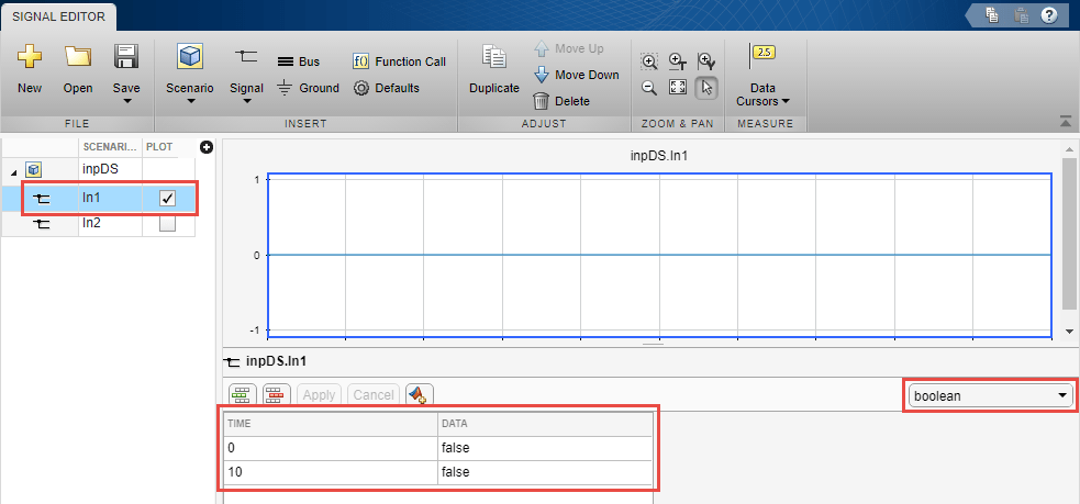 Signal editor with inputs options.