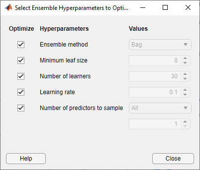 Select Ensemble Hyperparameters to Optimize dialog box