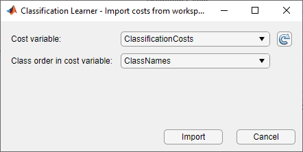 Import costs from workspace dialog box