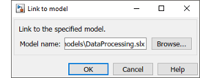 Link to model dialog with existing Simulink model called 'Data Processing'.