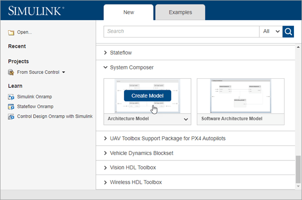 Accessing a new System Composer architecture model from the Simulink start page.