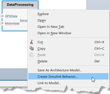 Right-click menu selection for the 'Data Processing' component selecting 'Create Simulink Behavior...'