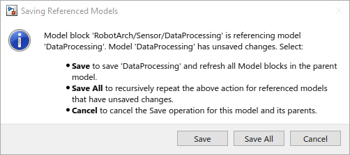 Options to save reference models recursively with 'Save All', or to save the current model and refresh the parent model with 'Save'. There is also an option to 'Cancel' the save operation.