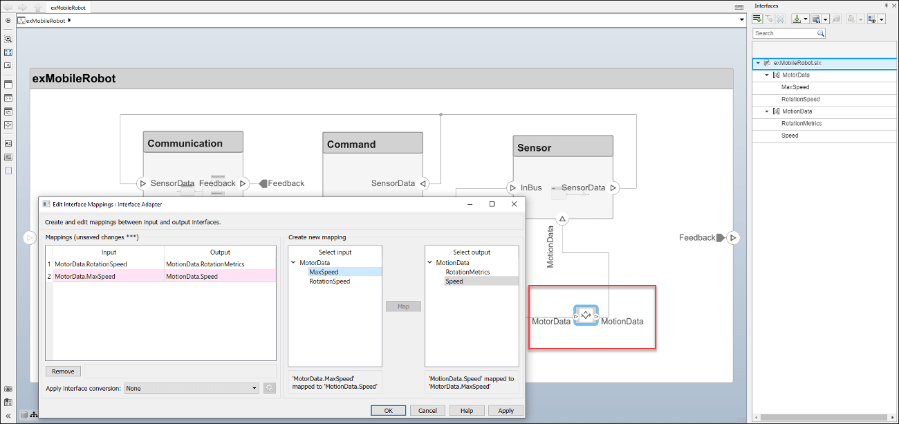 Interface adapter block in a model between ports on a connection. The edit interface mappings interface adapter dialog is open.