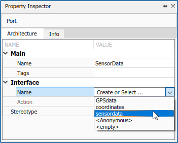 Demonstrates the process in the property inspector for selecting the 'Name' under 'Interface'. The interface name selected, using the drop down menu, is called 'sensor data'.