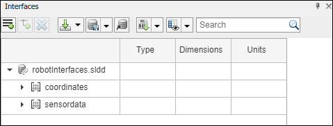 The robot interfaces dictionary shown in the interface editor window. Below the dictionary are the interfaces named 'sensor data', 'GPS data', and 'coordinates'.