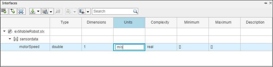 Units being edited for the property under the motor speed interface element.