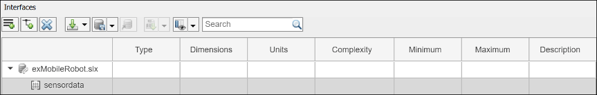 Interface editor showing one defined interface named 'sensor data'.