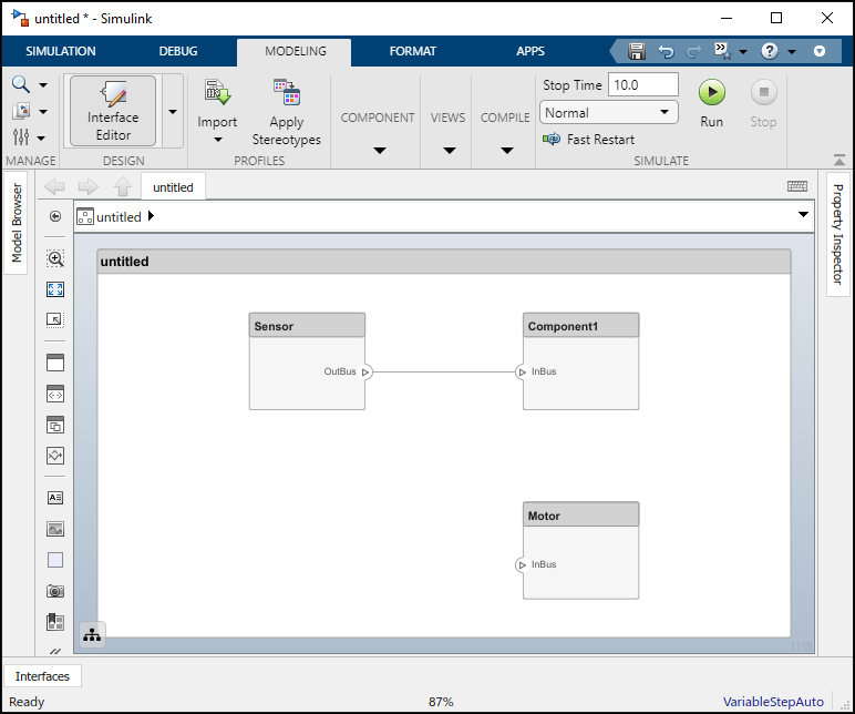 Model with a connection between Sensor and Component1 and an InBus on the Motor component.