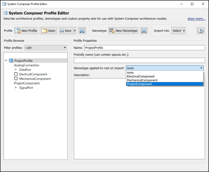 For the profile 'Project Profile' using the profile properties section to select 'Stereotype applied to root on import' as 'Project component'.