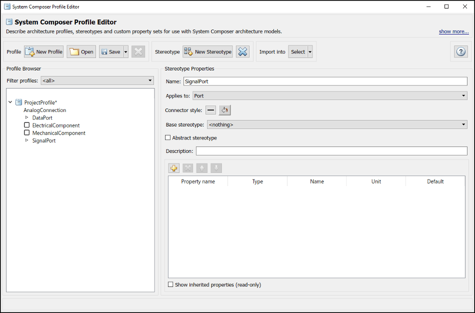 Profile editor with profile named 'Project Profile' on the left and stereotypes listed underneath.