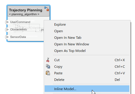 The referenced model Trajectory Planning with a right-click menu option selected 'Inline Model'.