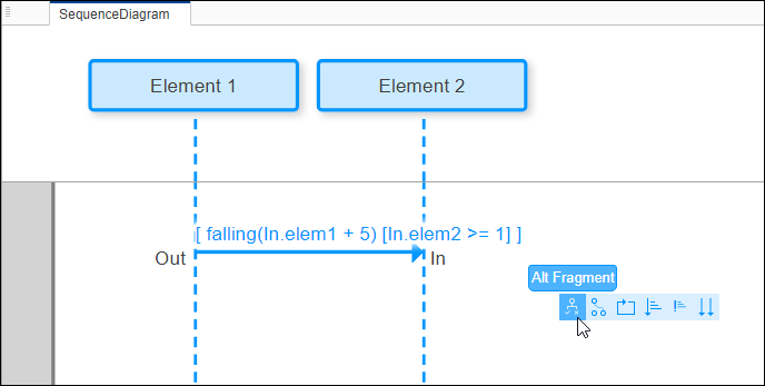 Fragment menu in sequence diagram with alt fragment selected.