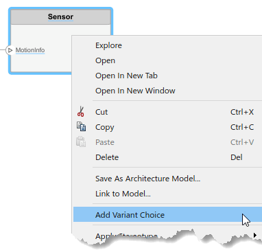 The Sensor component with right-click menu selection 'Add Variant Choice'.