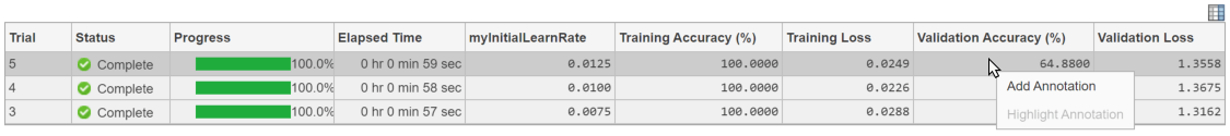 Results table showing drop down menu for the Validation Accuracy cell with the largest value.