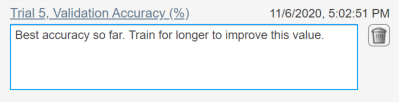 Annotation text says, "Best accuracy so far. Train for longer to improve this value."