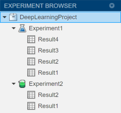 Experiment Browser showing two experiments. Experiment1 is a built-in training experiment with four results. Experiment2 is a custom training experiment with two results.