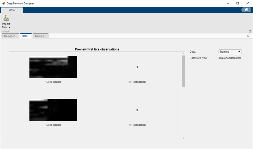 Deep Network Designer with imported custom sequence datastore.