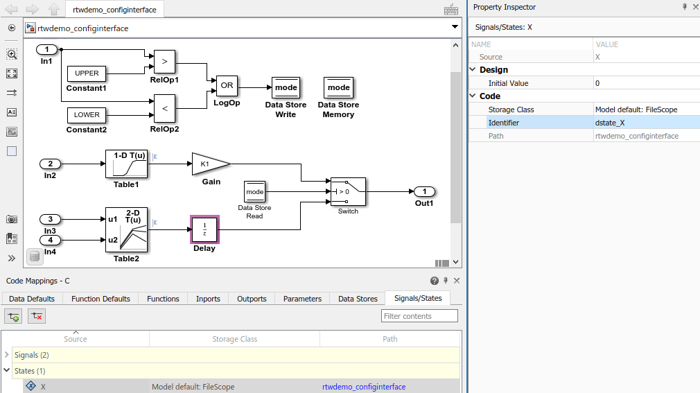 Code Mappings editor with Signals/States tab selected, States tree node expanded, and storage class for state X set to Model default: FileScope. Property Inspector shows Identifier property for state X set to dstate_X.