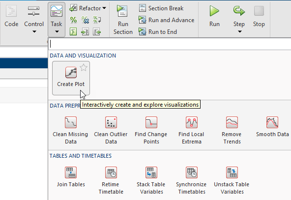 Image shows the mouse cursor hovering over the Create Plot Live Task option in the Tasks menu