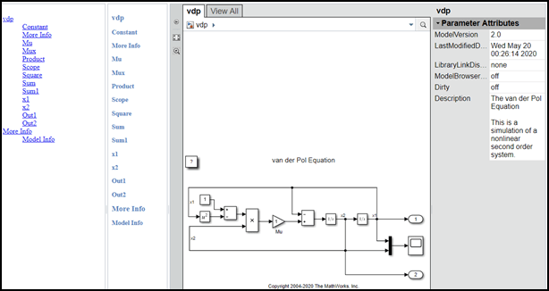 Embedded web view report of the vdp model. The left pane contains the table of contents. The middle pane contains the diagrams and blocks in the model. The third pane contains the embedded Web View.