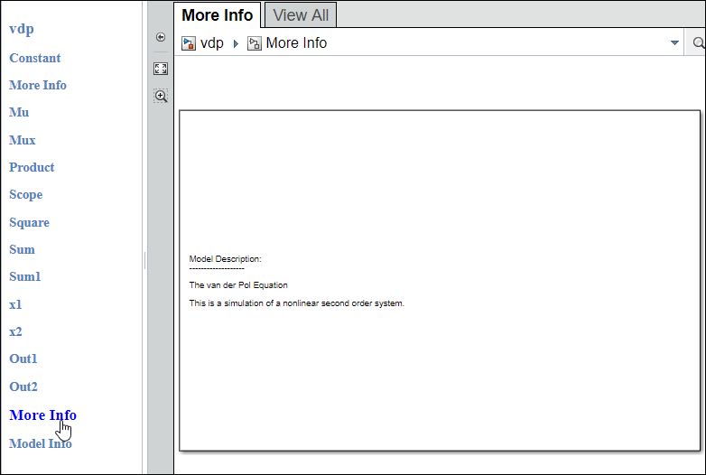 More Info diagram, which contains "Model Description: The van der Pol Equation. This is a simulation of a nonlinear second order system."